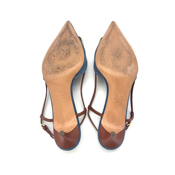 Valentino Garavani VLogo Blue Denim Pointed Toe Slingback Kitten Heel Pumps 37.5 - Picture 8 of 10